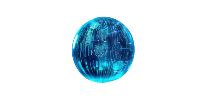 : Blue glowing sphere isolated. Futuristic digital technology concept.  Isolated on transparent background, png.