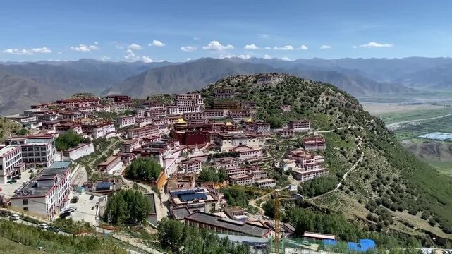 2025 panoramic view of Ganden Monastery near Lhasa, a historic Gelug Buddhist site in Tibet