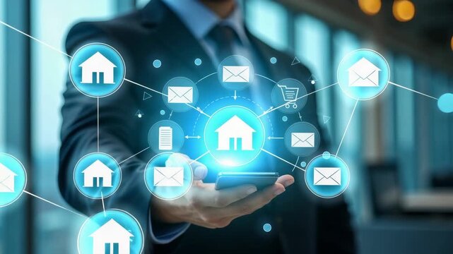 Omni Channel Digital Marketing and E-Commerce concept. Businessman with omni-channel market icon, customer engagement, online sales, print ads, website, social media, call center.
