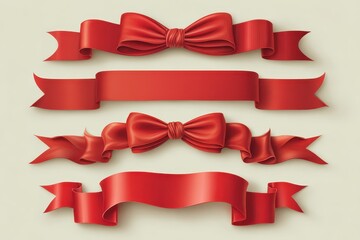 Six decorative red ribbons with golden details on white background in high quality stock photo