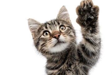 Fototapeta premium Playful cat high five on white backdrop 