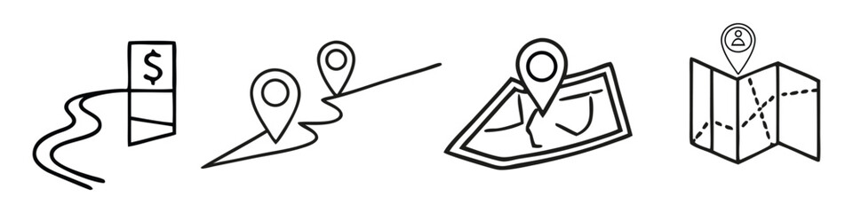 Black and white icons of maps with location pins and money navigation travel
