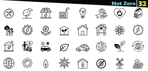 Collection of black and white icons representing net zero and sustainability concepts