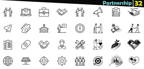 Collection of black and white outline icons representing business and partnership concepts