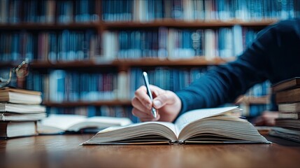 Dedicated student diligently studying ancient texts in a classic library, surrounded by towering bookshelves filled with knowledge and history.