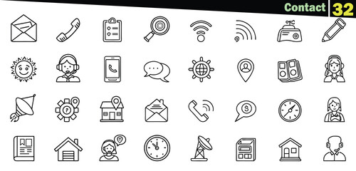 Collection of black outline contact and communication icons on white envelope phone
