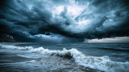 A dramatic seascape featuring turbulent waves and ominous storm clouds, creating an intense atmosphere on the horizon.