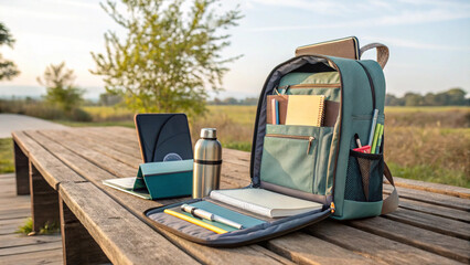 Open school backpack with books, tablet and stationery on wooden picnic table in park with copy space