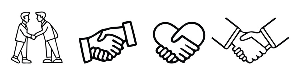 Four black line art handshake icons on white background partnership agreement