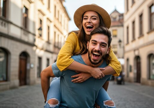 Joyful couple laughing and enjoying a piggyback ride in a charming European city.
