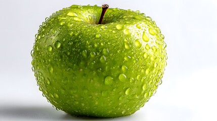 A fresh green apple covered in glistening water droplets, a symbol of healthy eating and freshness