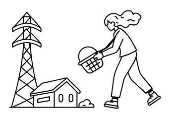 Person with basket walking past power tower and house outline vector