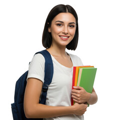 Fototapeta premium Young woman student carrying backpack and books ready for academic pursuits isolated on transparent background