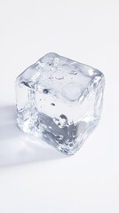 Fototapeta premium Macro shot of a melting ice cube with refraction and bubbles on a white background, minimalist and surreal frozen detail for clean aesthetic visuals.