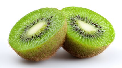 Fototapeta premium Freshly cut kiwi fruit revealing the vibrant green flesh, showcasing the refreshing nature of the juicy fruit
