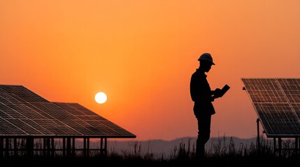 Determined engineer in hard hat reviewing data on tablet amidst solar panels at breathtaking sunset, symbolizing renewable energy and future innovation.