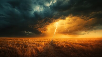 A dramatic sky filled with dark clouds and a striking lightning bolt illuminates a golden field at dusk.