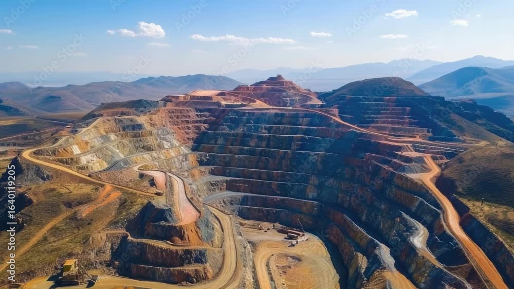 Poster aerial view of a large open pit with mining equipment and terrain