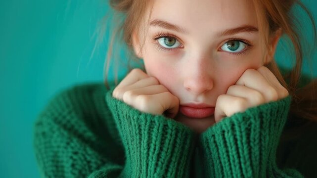 A woman wearing a green sweater to conceal her identity, possibly for privacy or anonymity