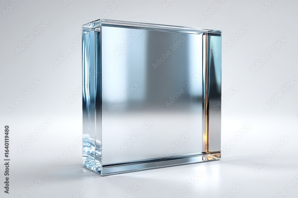 Poster crystal clear rectangle prism block standing on light grey surface with reflections and refraction s