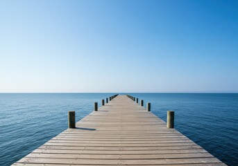 Fototapeta premium Wooden pier extending over calm blue water under a clear sky, a serene coastal scene.