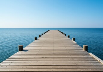 A long wooden pier stretches out over tranquil blue waters towards the horizon on a sunny day.