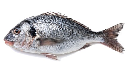 Fototapeta premium A close-up studio shot of a silver fish isolated on a solid background, showcasing its scales and fins