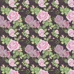 watercolor pattern with pink roses and leaves on a dark gray background for elegant textiles and home decor.