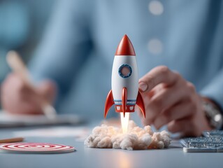 Business start up. A businessman's touch rocket launch investment growth, planning, and corporate business start up with the goal of achieving leadership in value development and a target client base.