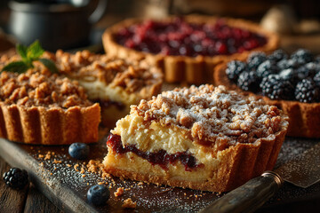 Rustic Berry Crumble Tart With Cheesecake Filling And Powdered Sugar On Wooden Board Cozy Homemade Bakery Dessert

