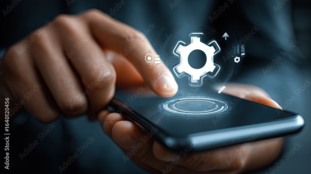 Poster hands touching smartphone screen displaying futuristic interface with gear icon, symbolizing innovat