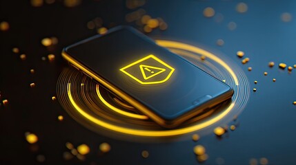 Modern smartphone displays glowing yellow warning shield icon with abstract energy rings and particles, signifying digital alert or security breach