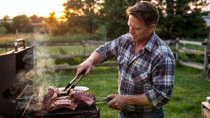 Man carefully flips ribs on a smoky grill in the backyard