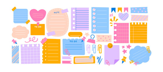 Retro Office Stickers Set. Cartoon paper notes, sticky reminders, to-do lists, planner clippings, and school stationery in vintage doodle style. Vector collection of office forms and reminders.