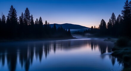 Tranquil Forest River at Dawn with Morning Mist and Serene Reflections