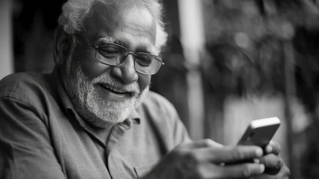 Elderly man checking his phone with a smile on his face, enjoying technology despite age.