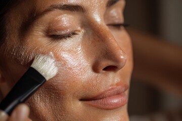 A client relaxes as a soft brush applies an exfoliating scrub to her face during a professional facial treatment at a tranquil spa. The focus is on skincare and rejuvenation