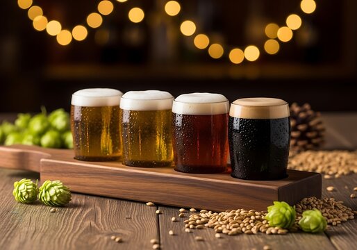 Photo of a flight of four craft beers, showcasing different colors and styles, served on a wooden paddle