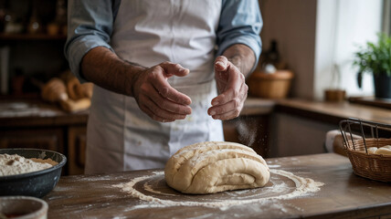 The baker sets a tray of fresh muffins to cool