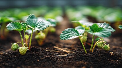 Vibrant green strawberry plants with developing fruit emerge from rich, dark soil, showcasing natural growth and fresh harvest potential