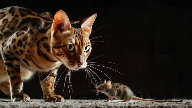 Cat and mouse encounter in a playful moment indoors