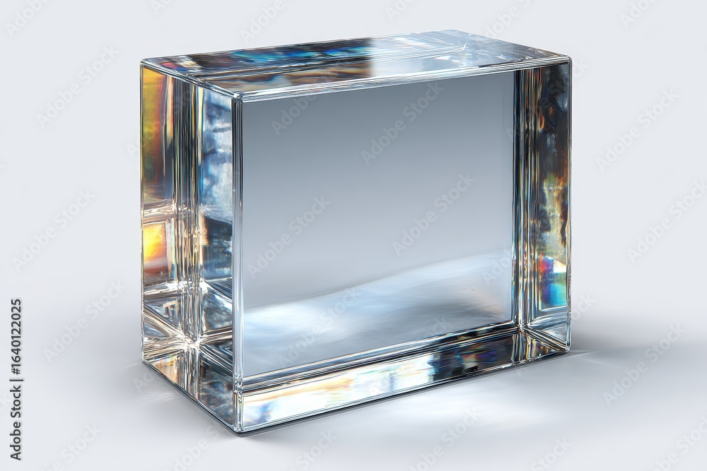 Poster crystal clear rectangle prism block standing on light grey surface with reflections and refraction s
