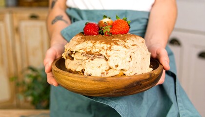 Large decorated cake held on wooden plate