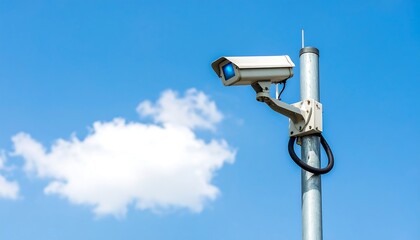 Security camera mounted on a metal pole against a clear sky.