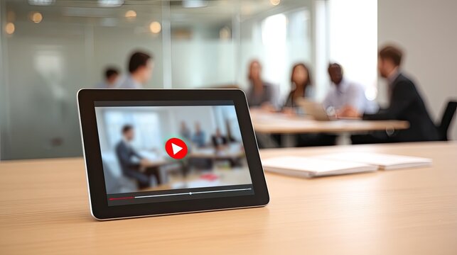 Modern tablet displays engaging video conference with diverse professionals collaborating in bright contemporary boardroom, capturing dynamic business communication