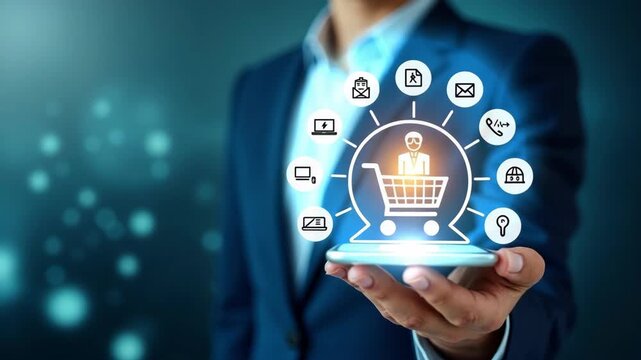 Omni Channel Digital Marketing and E-Commerce concept. Businessman with omni-channel market icon, customer engagement, online sales, print ads, website, social media, call center.