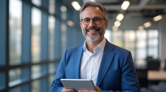 Smiling middle aged businessman with glasses holding a tablet computer in a modern office environment with large windows