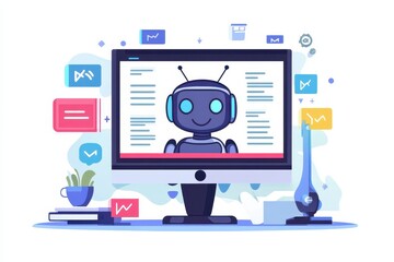 Modern computer displaying a friendly robot avatar with coding and data elements surrounding it