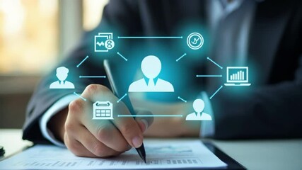 Payroll Management and Financial Processing System. Businessman works on payroll management with icons for payment, employee salaries, scheduling, analysis finance, and efficient process.