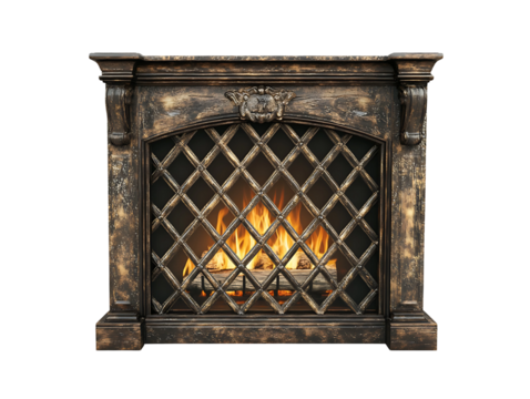 Antique fireplace mantel with burning fire isolated on transparent background